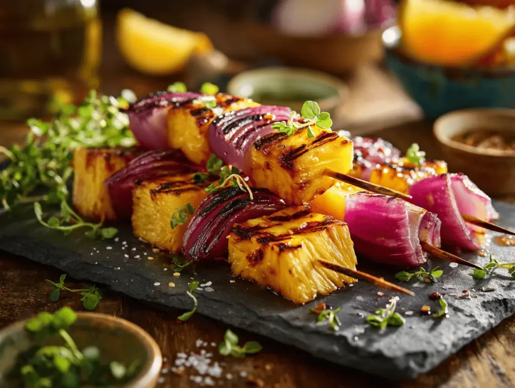grilled pineapple red onion skewers - featured image