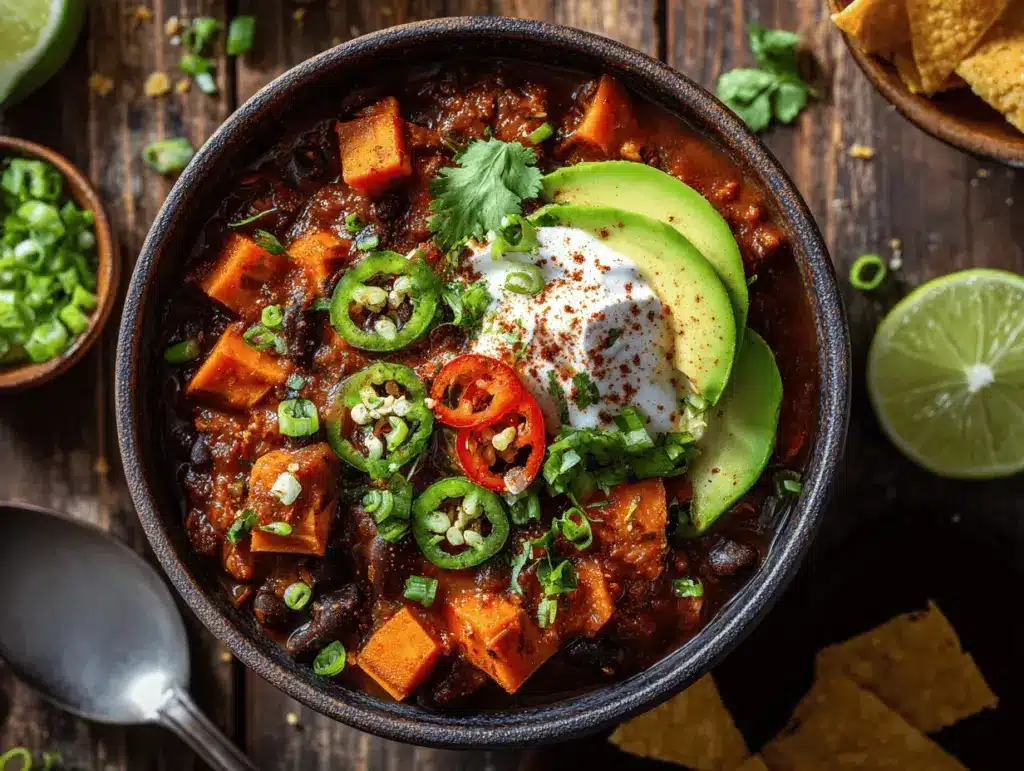 loaded sweet potato and black bean chili bowl - featured image