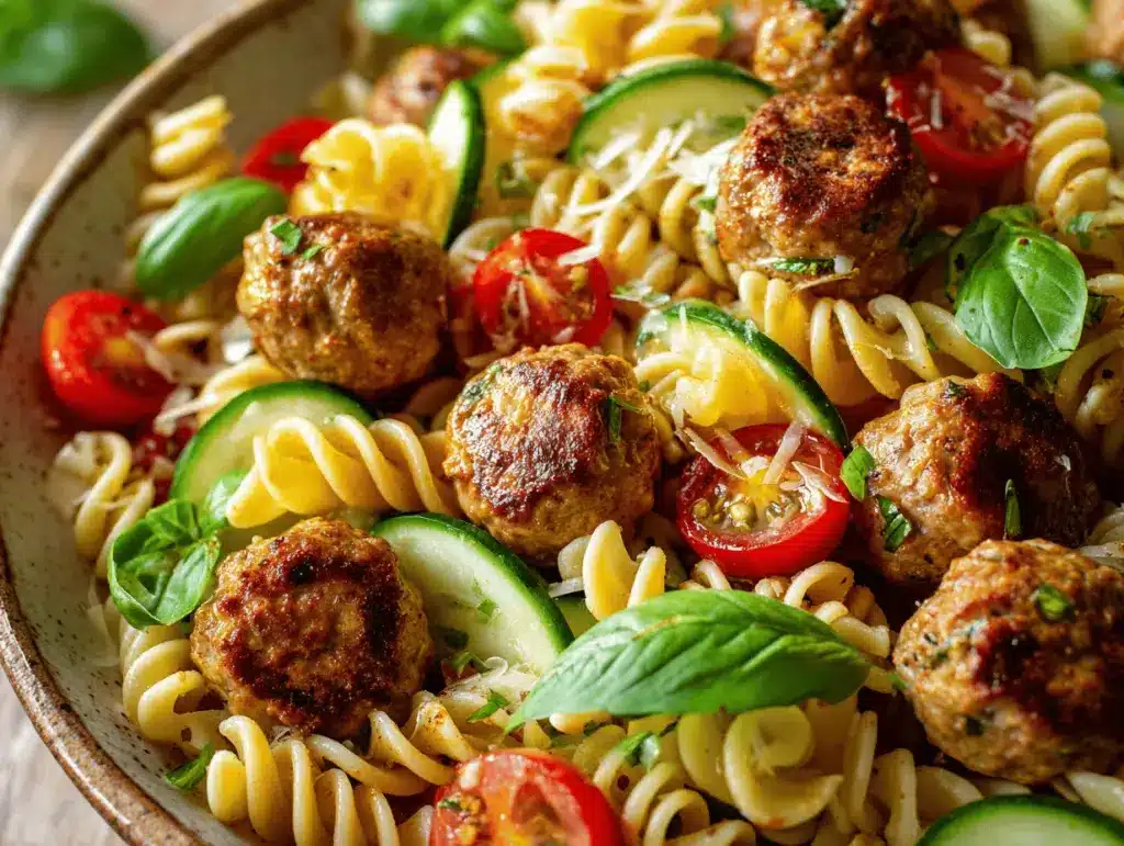 mini meatball pasta salad - featured image