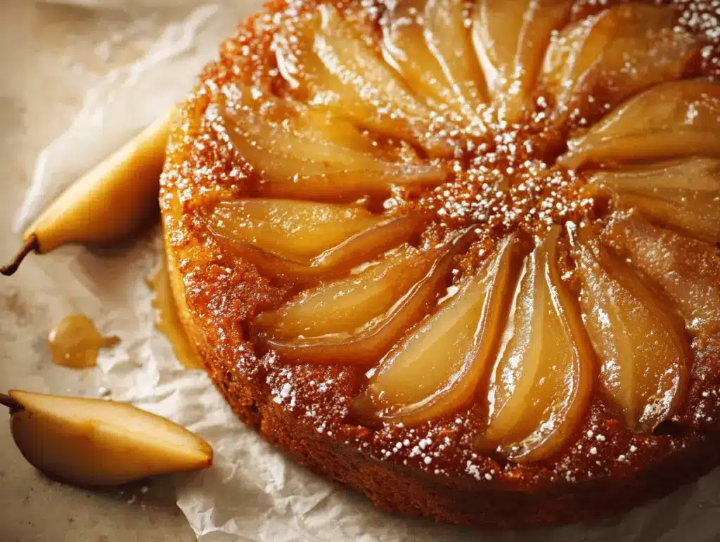 spiced pear and cardamom upside down cake - featured image