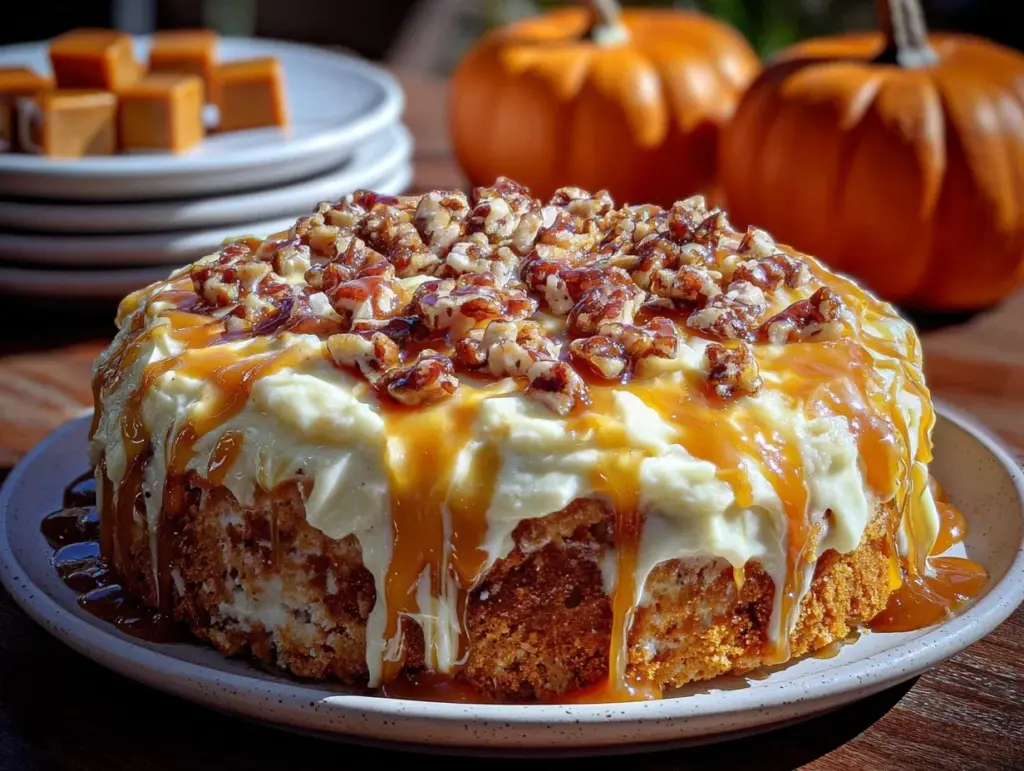 pumpkin caramel poke cake - featured image