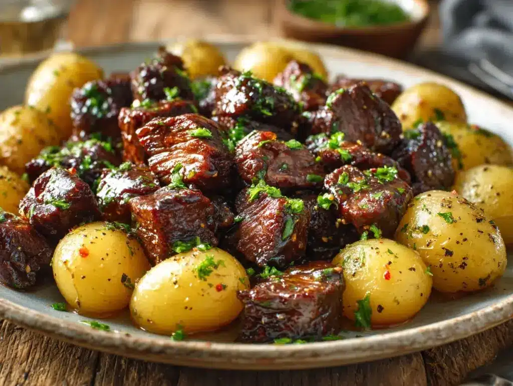 slow cooker garlic butter beef bites - featured image
