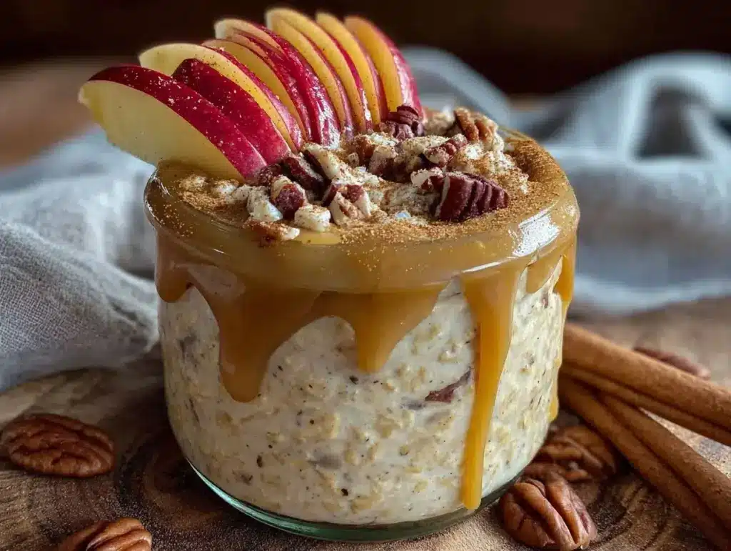 caramel apple pie overnight oats - featured image