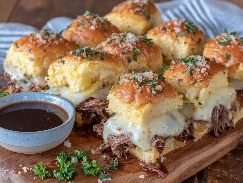 cheesy garlic butter french dip sliders - featured image