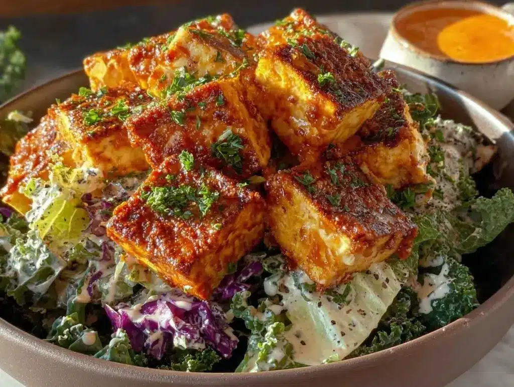 crispy buffalo tofu caesar salad - featured image