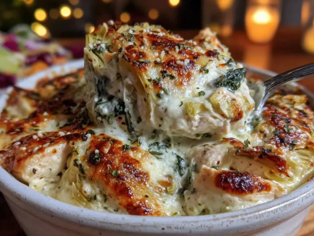 spinach artichoke chicken casserole - featured image