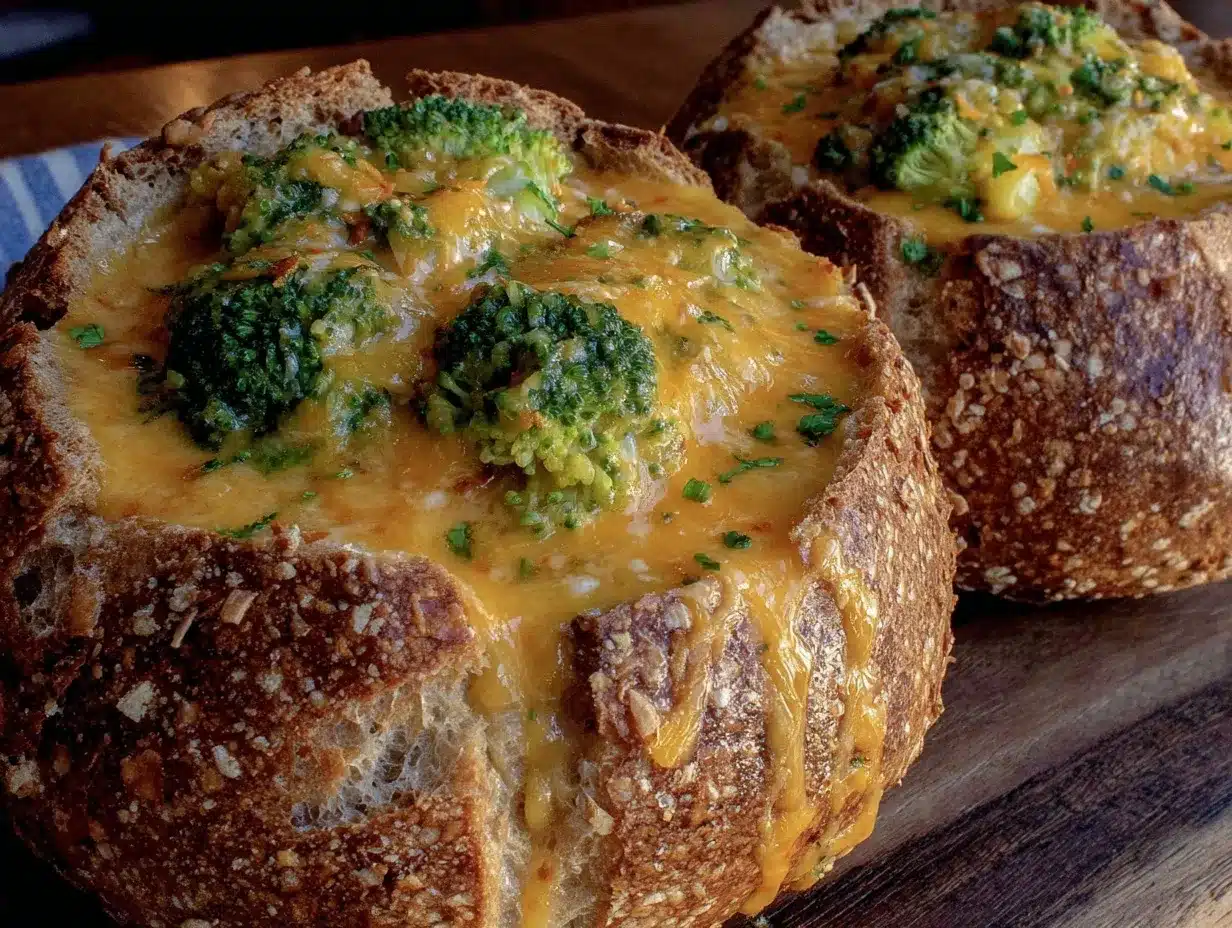 broccoli cheddar soup in bread bowls preparation steps