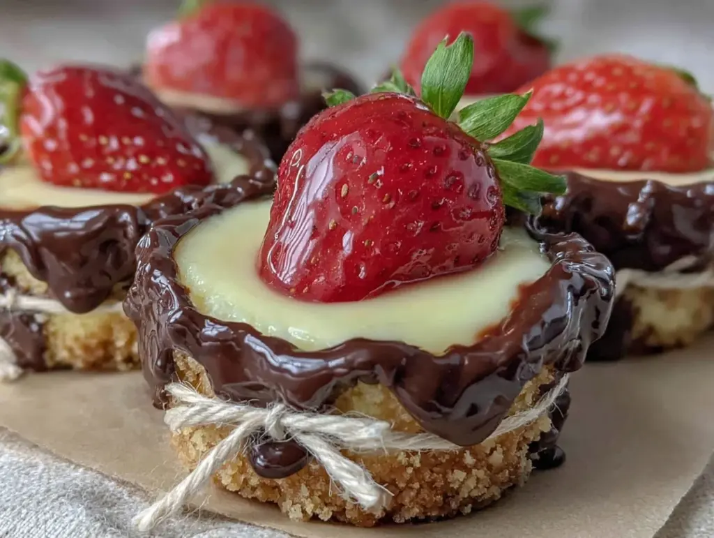 chocolate-dipped strawberry biscuit cheesecake cups - featured image