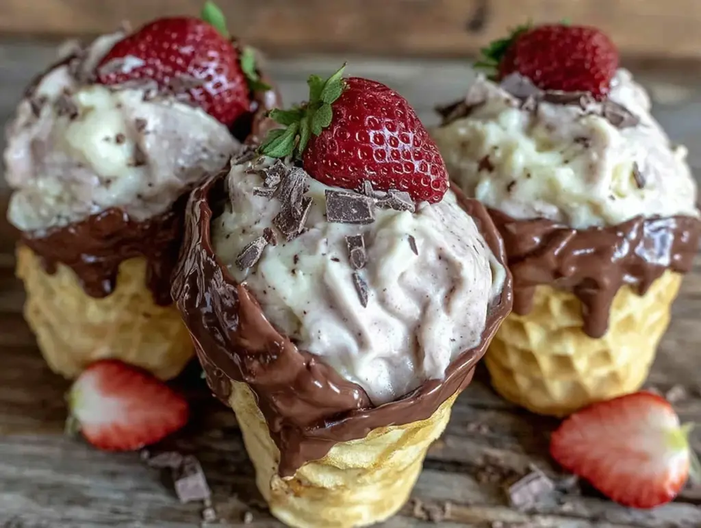chocolate-dipped strawberry frosted cake cones - featured image