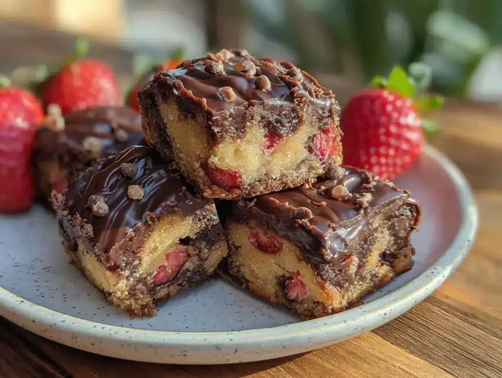 chocolate-dipped strawberry swirl blondie bars - featured image