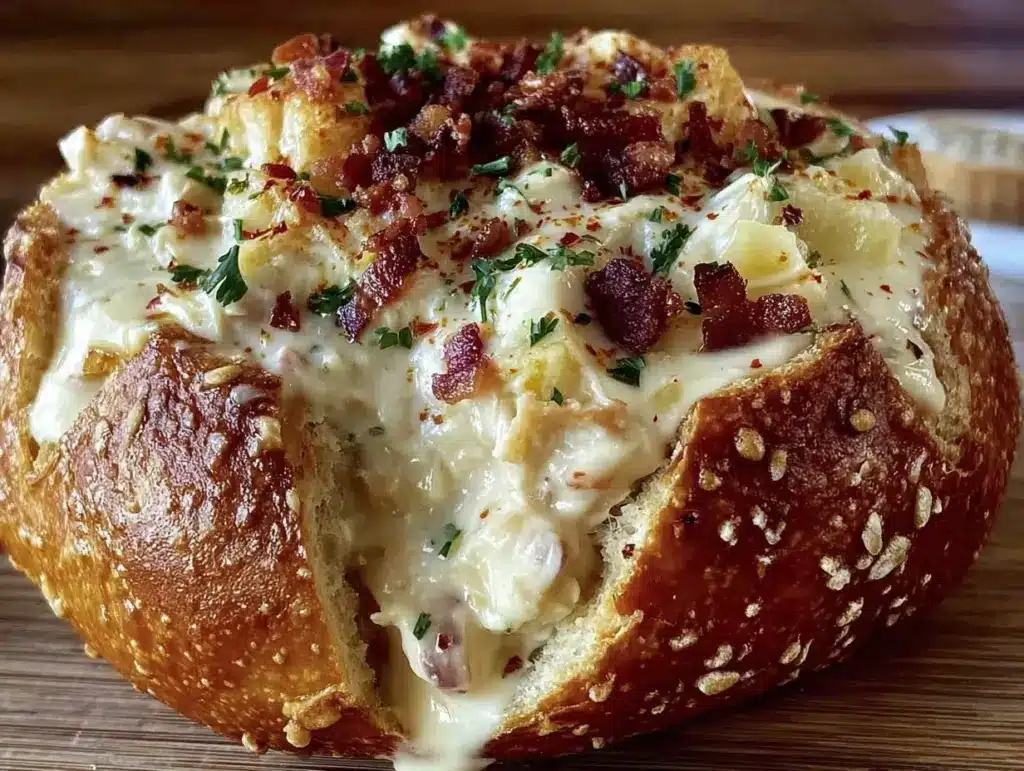 clam chowder in sourdough bread bowl - featured image