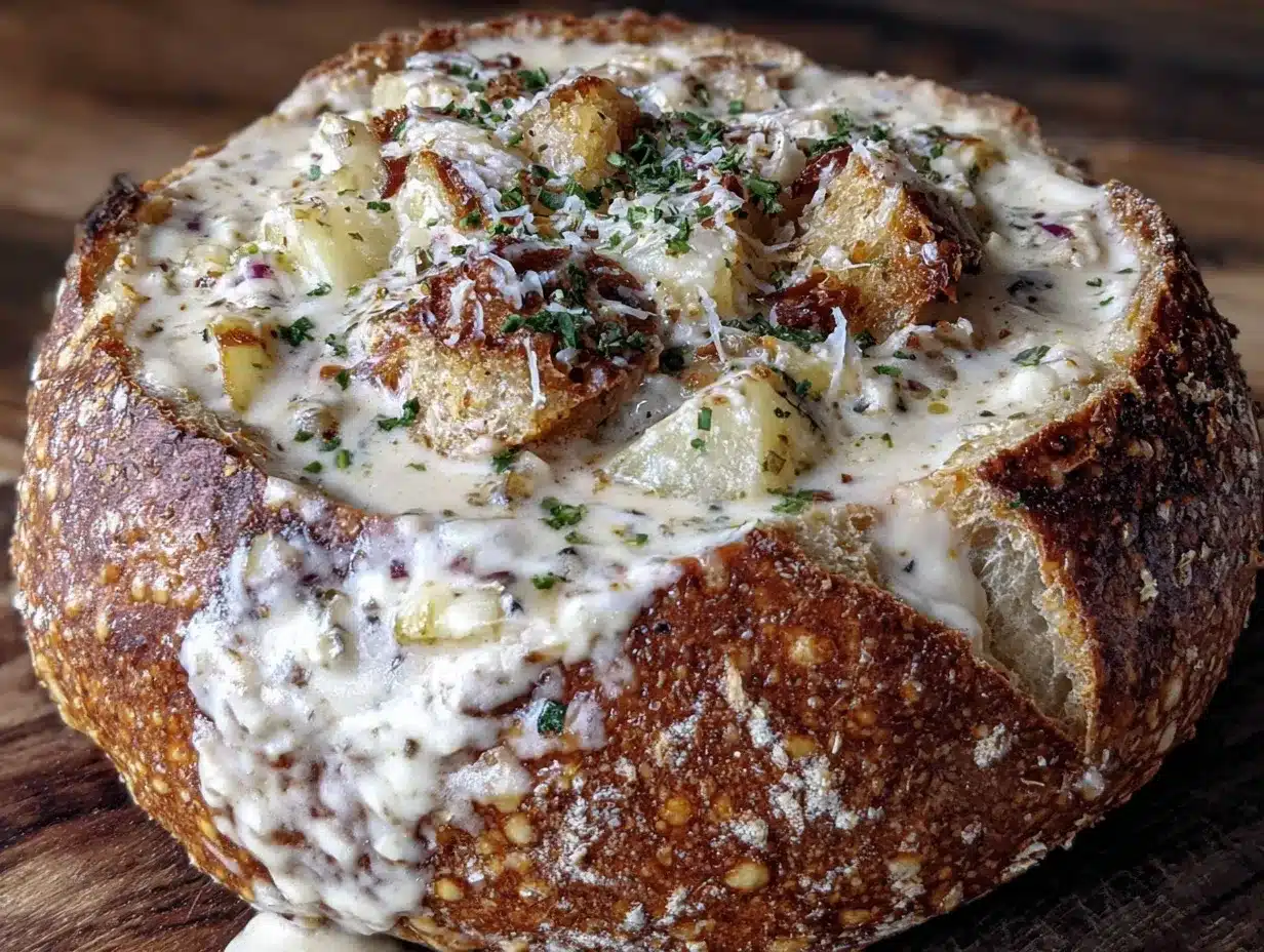 clam chowder in sourdough bread bowl preparation steps