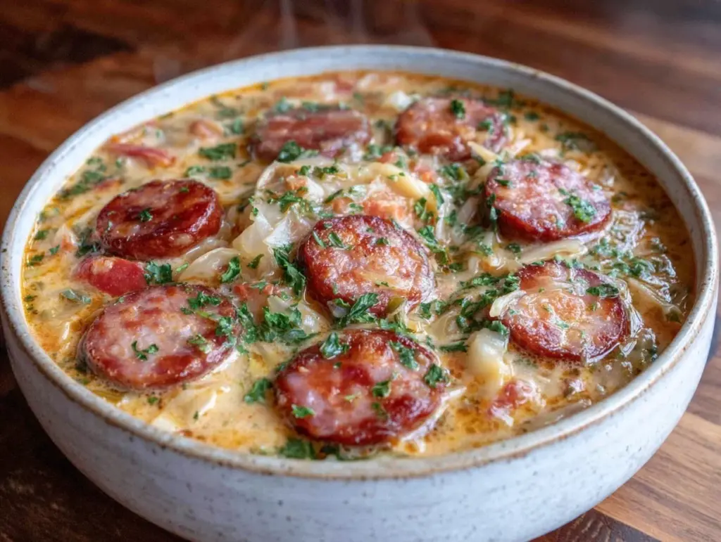 creamy cabbage soup with smoked sausage - featured image