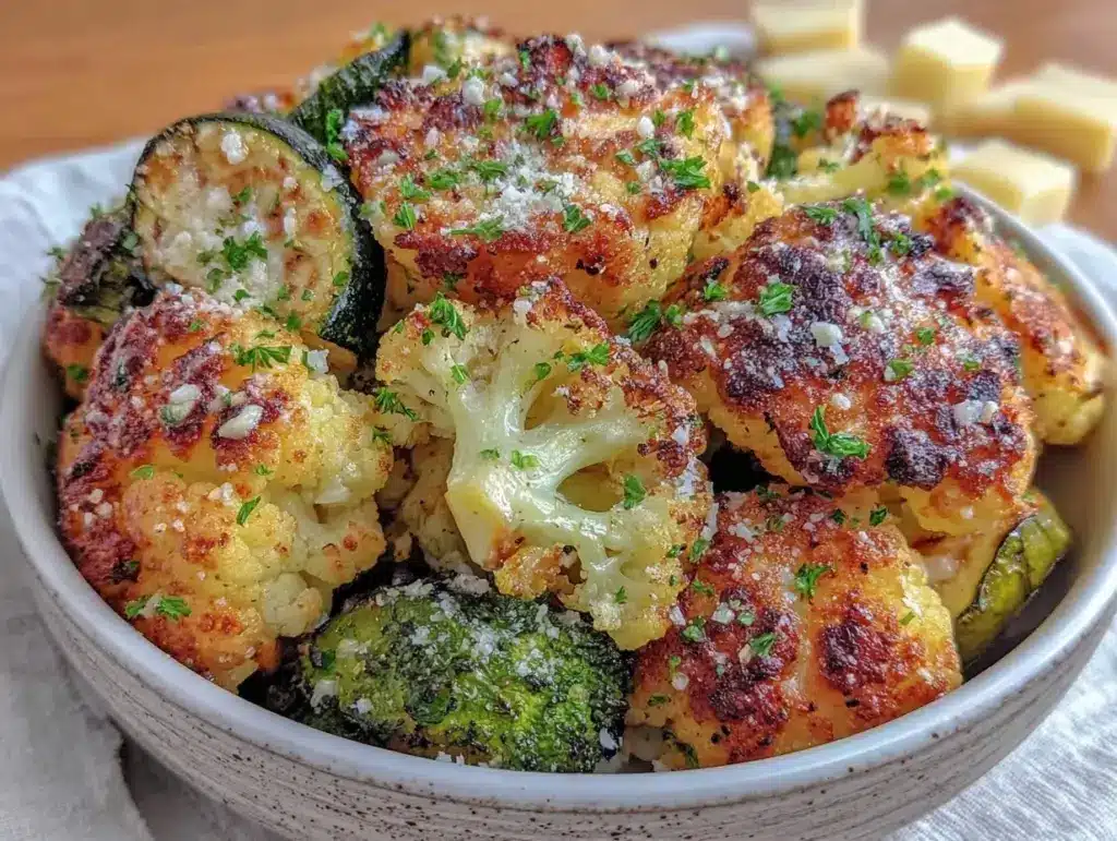 crispy healthy Parmesan air fryer veggie toss - featured image