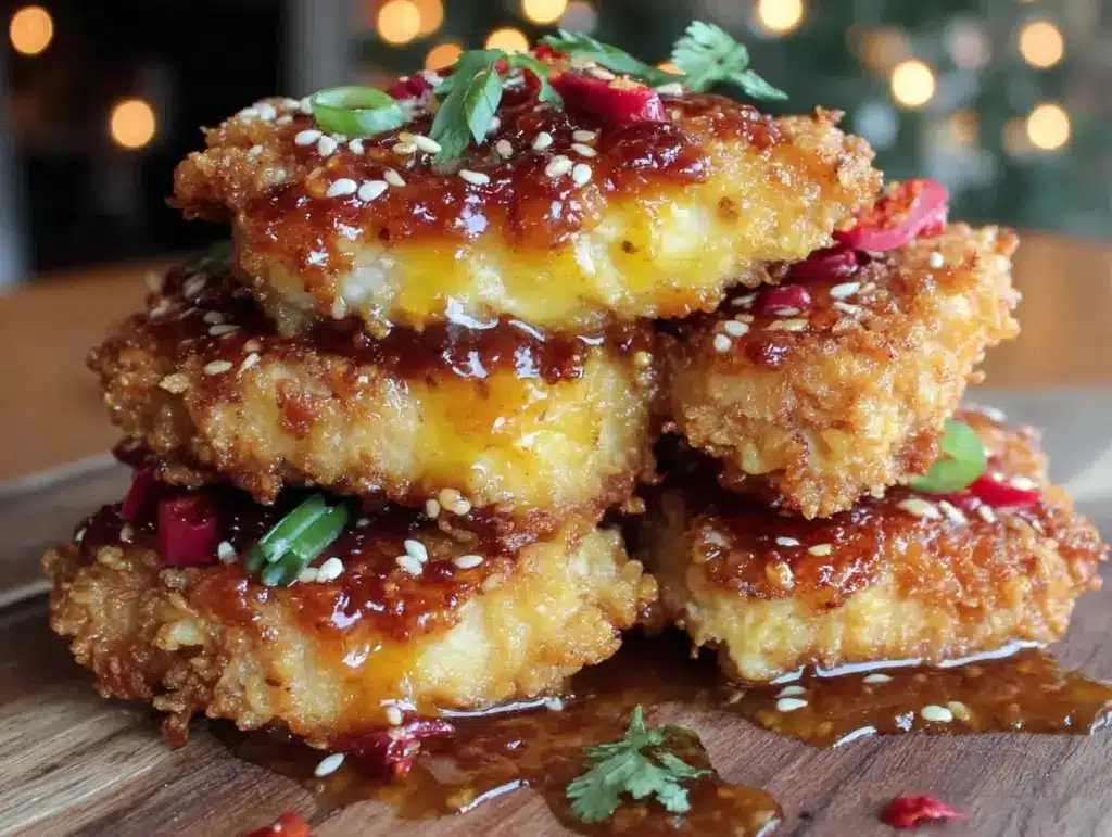 crispy honey garlic chicken stacks - featured image