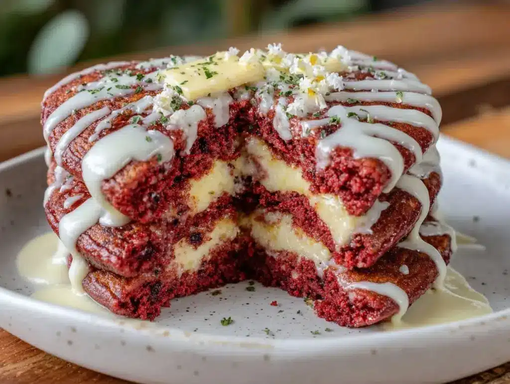 heart-shaped red velvet pancakes - featured image