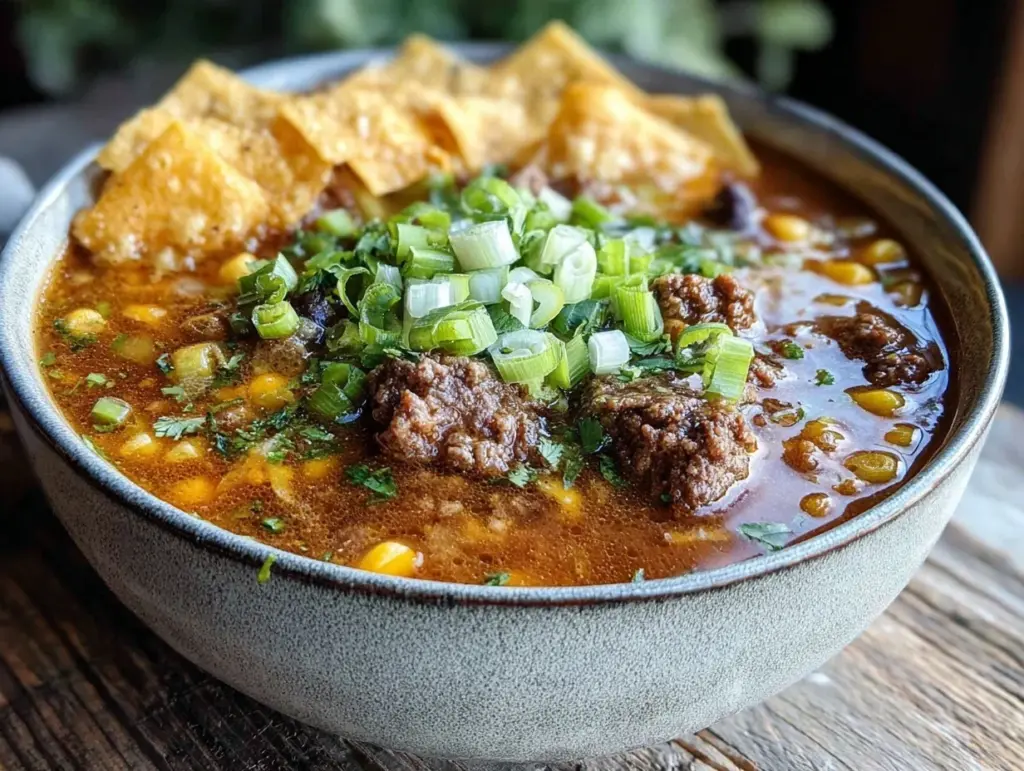 hearty beef taco soup - featured image