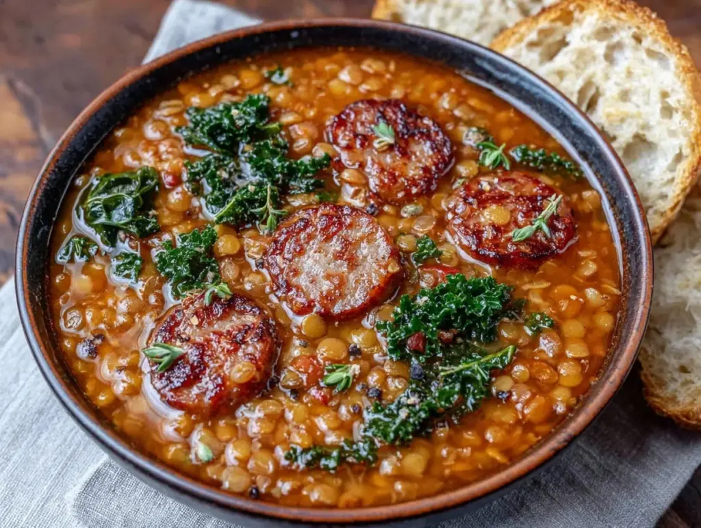 lentil and sausage soup with kale - featured image