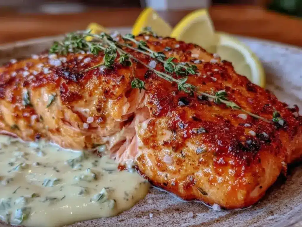 pan-seared salmon with dill cream sauce - featured image