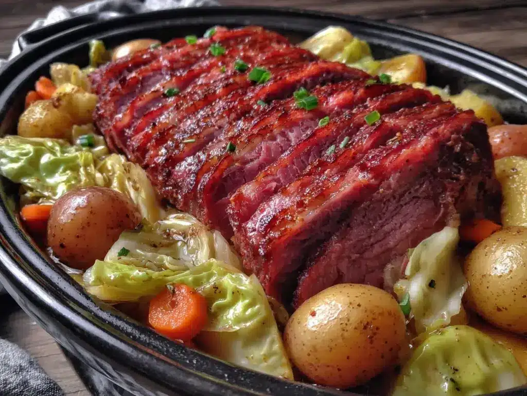 slow cooker corned beef and cabbage - featured image