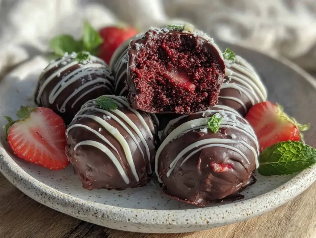 chocolate covered strawberry cake balls - featured image