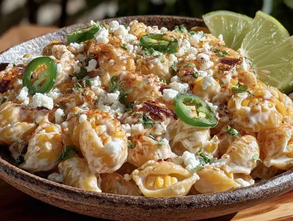 creamy spicy elote pasta salad - featured image