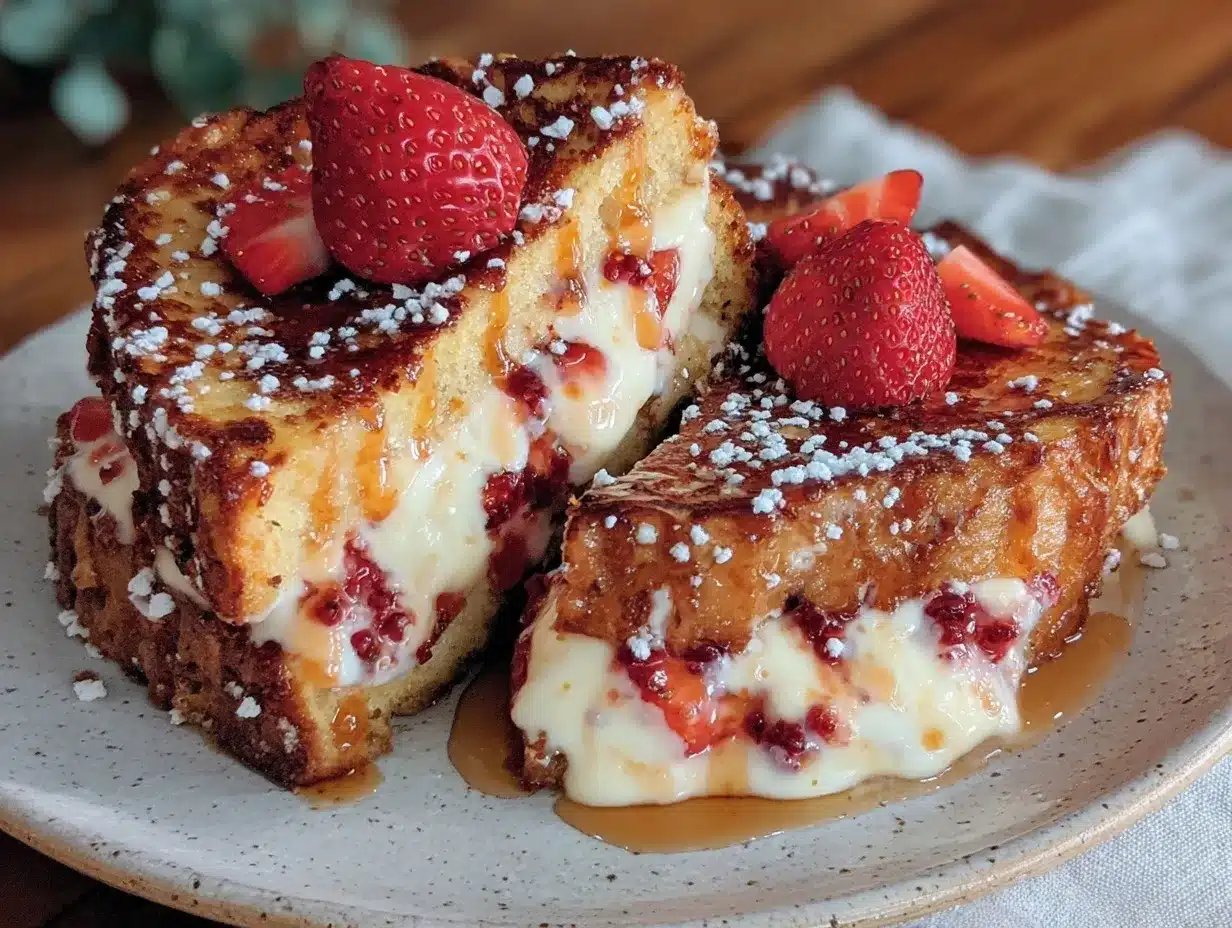creamy strawberry cream cheese stuffed french toast preparation steps