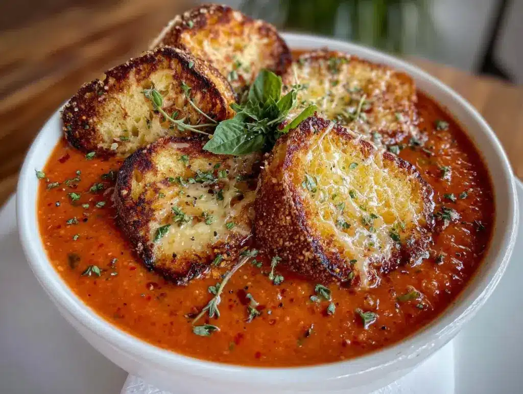 creamy tomato soup with crispy grilled cheese croutons - featured image