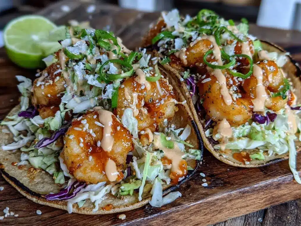 crispy bang bang shrimp tacos - featured image