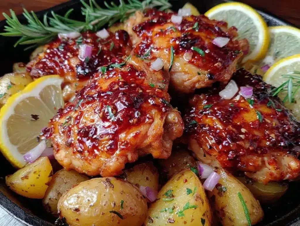 crispy one-pan lemon garlic chicken and potatoes - featured image