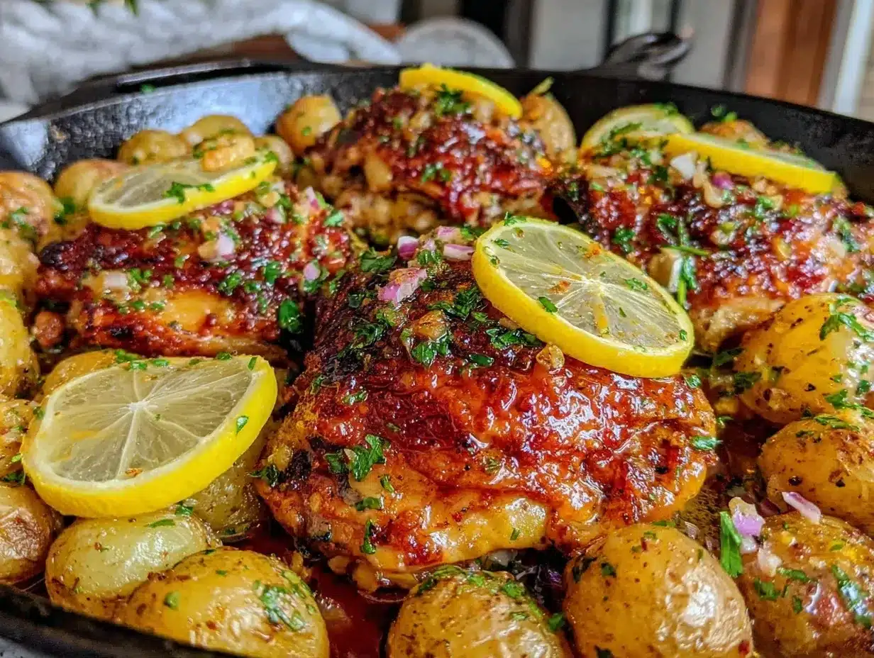 crispy one-pan lemon garlic chicken and potatoes preparation steps