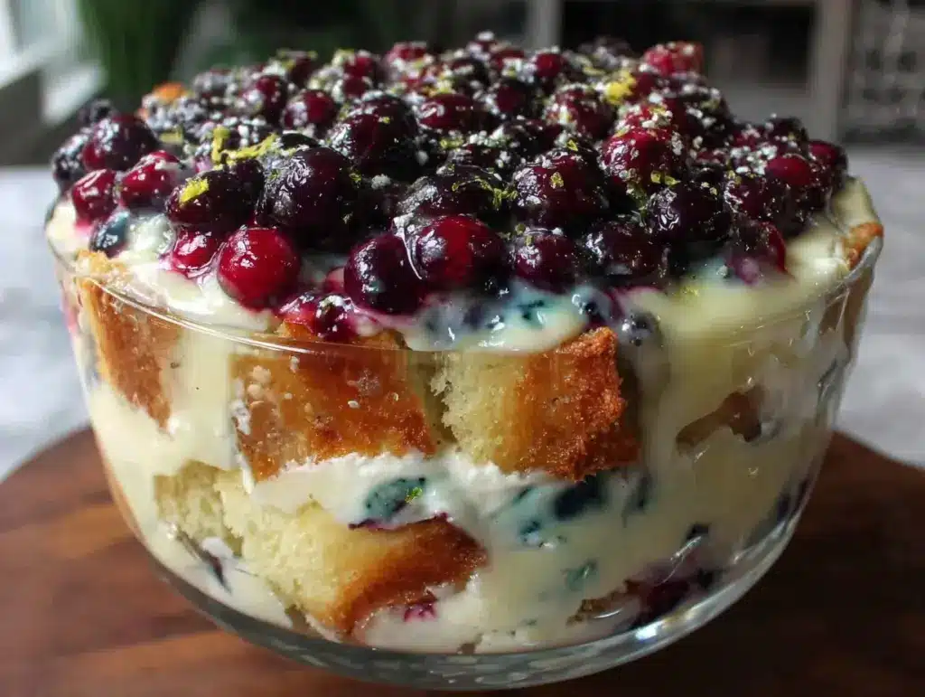 easy creamy lemon blueberry trifle recipe - featured image