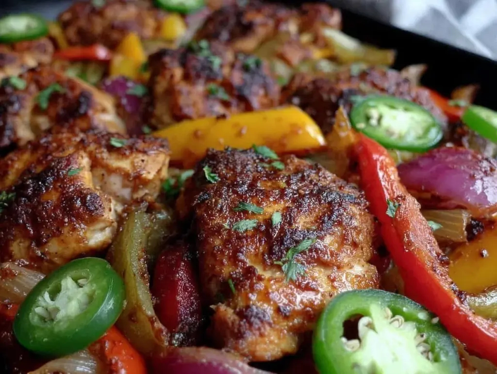 easy crispy sheet pan chicken fajitas - featured image
