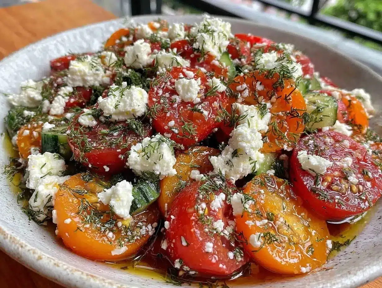 fresh cucumber tomato salad with feta preparation steps