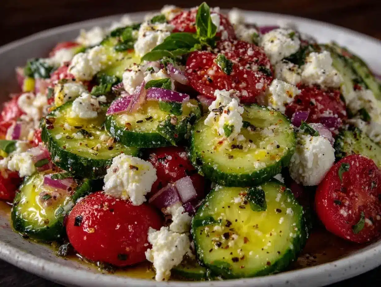 fresh cucumber tomato salad with feta preparation steps