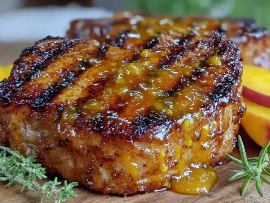 grilled pork chops with sweet peach glaze - featured image