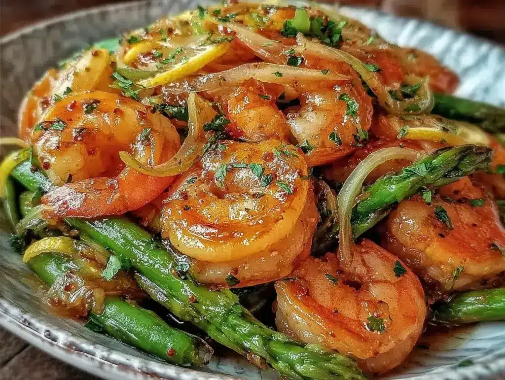 one-pan lemon garlic shrimp and asparagus - featured image