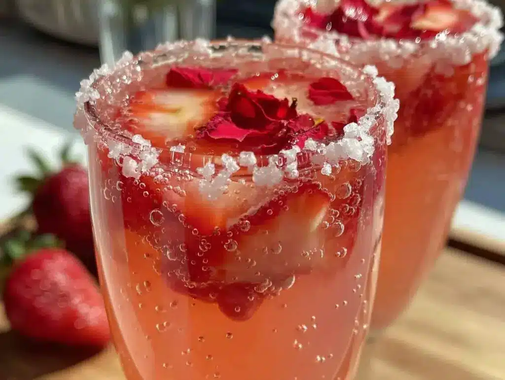 strawberry rose champagne cocktail - featured image