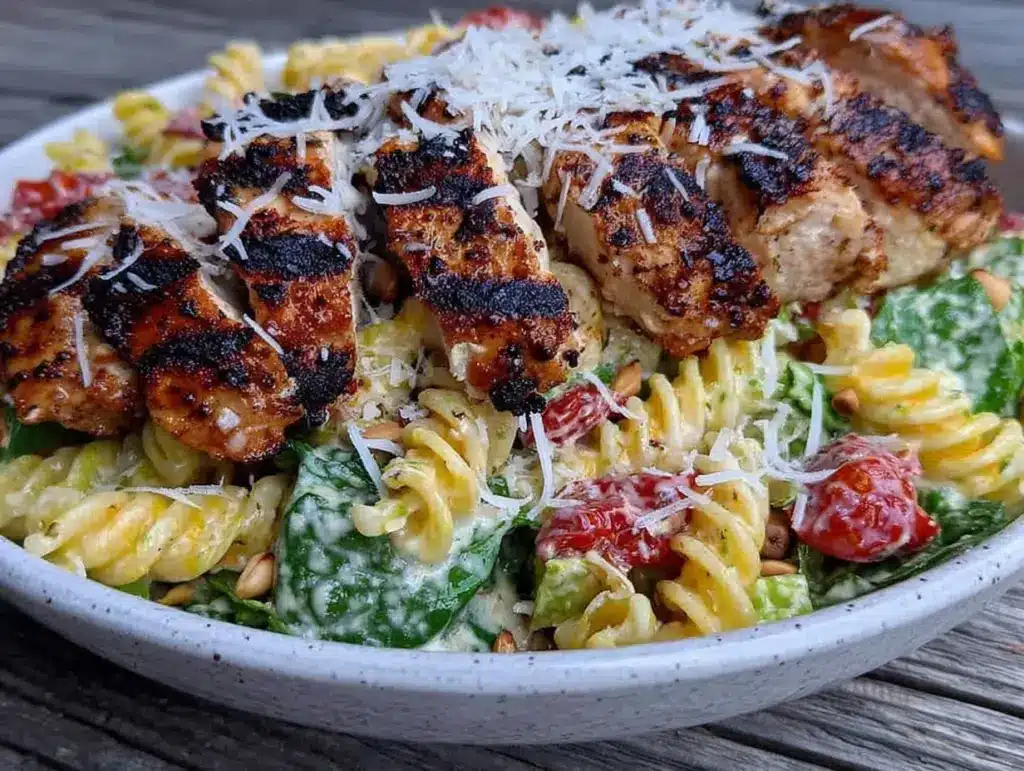 creamy chicken caesar pasta salad - featured image