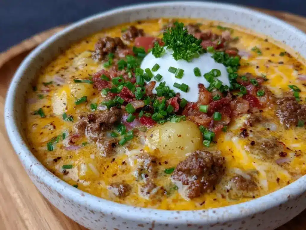 creamy comfort cheeseburger soup - featured image