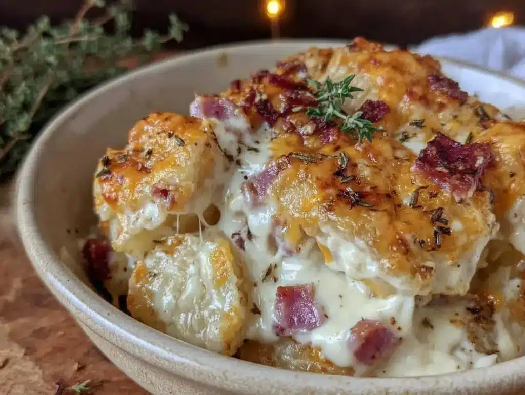 creamy crockpot au gratin potatoes with ham and cheddar - featured image
