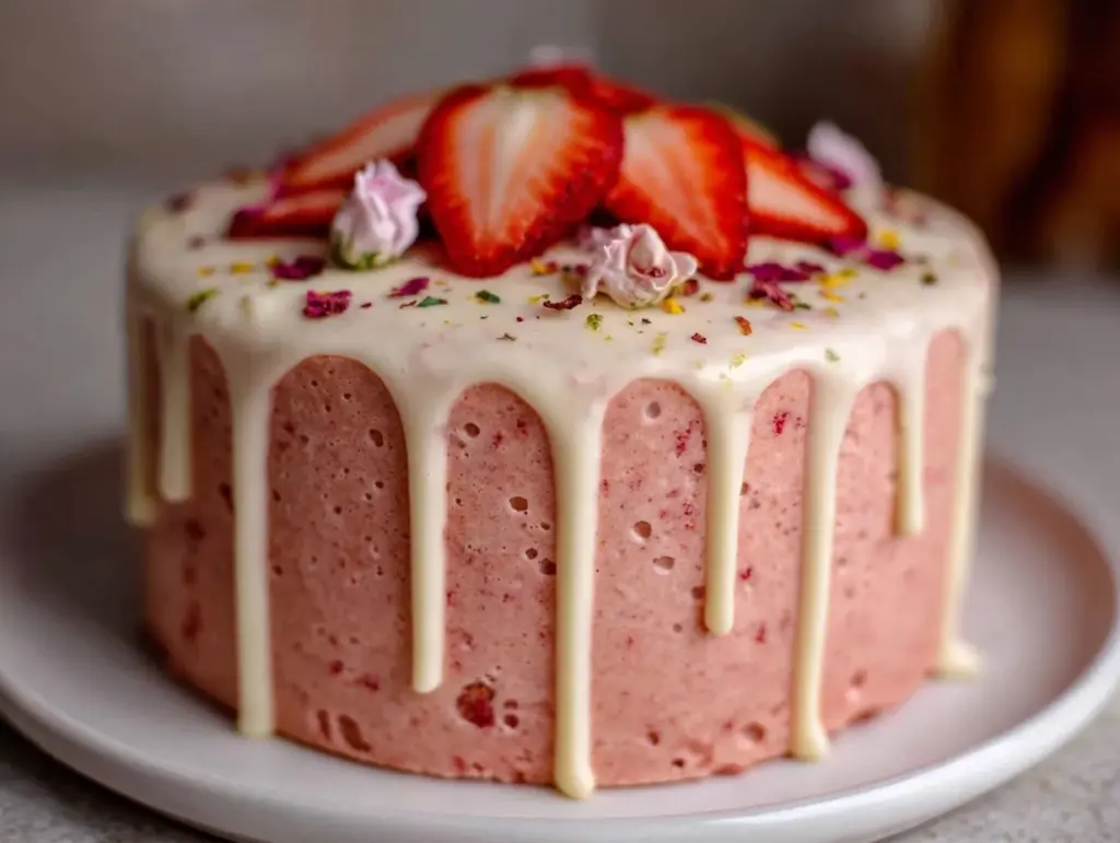 creamy pink strawberry mousse cake - featured image