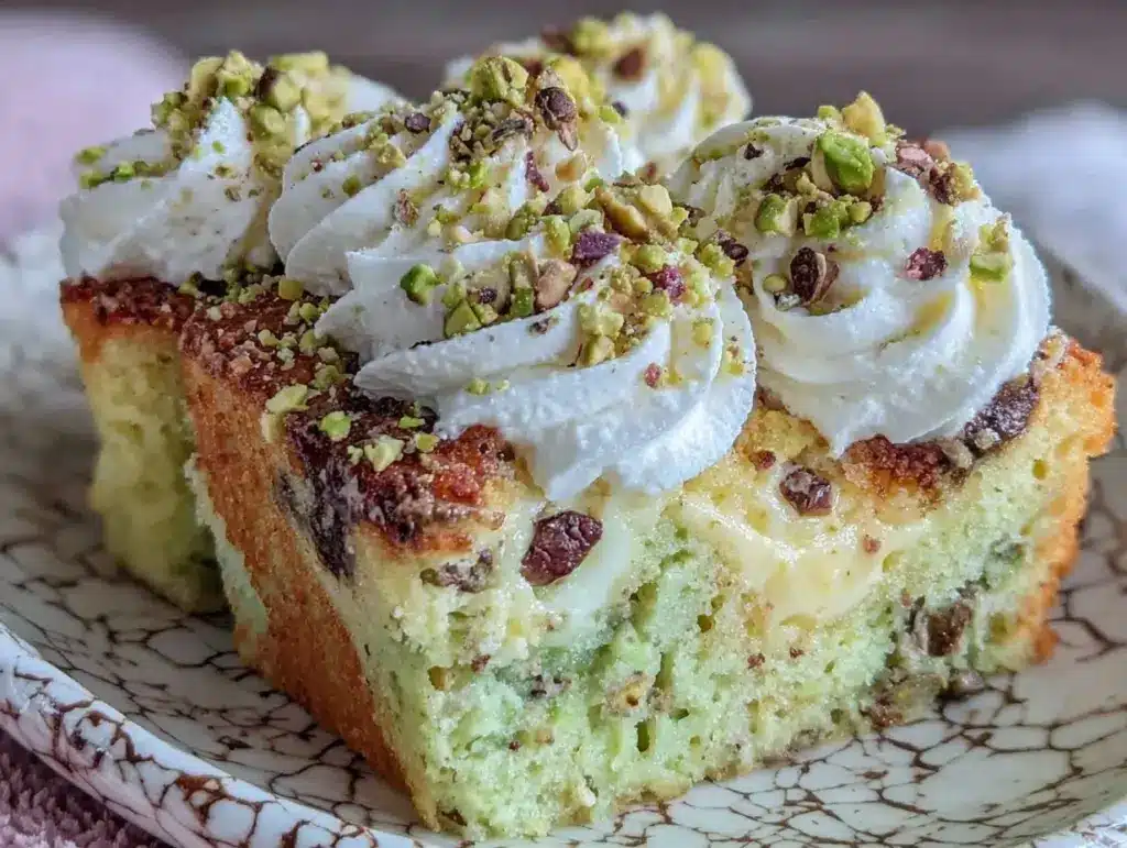 creamy pistachio pudding poke cake - featured image
