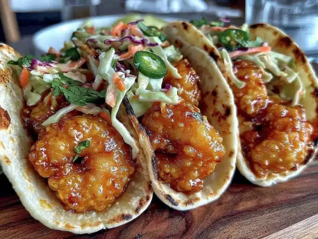 crispy air fryer bang bang shrimp tacos - featured image