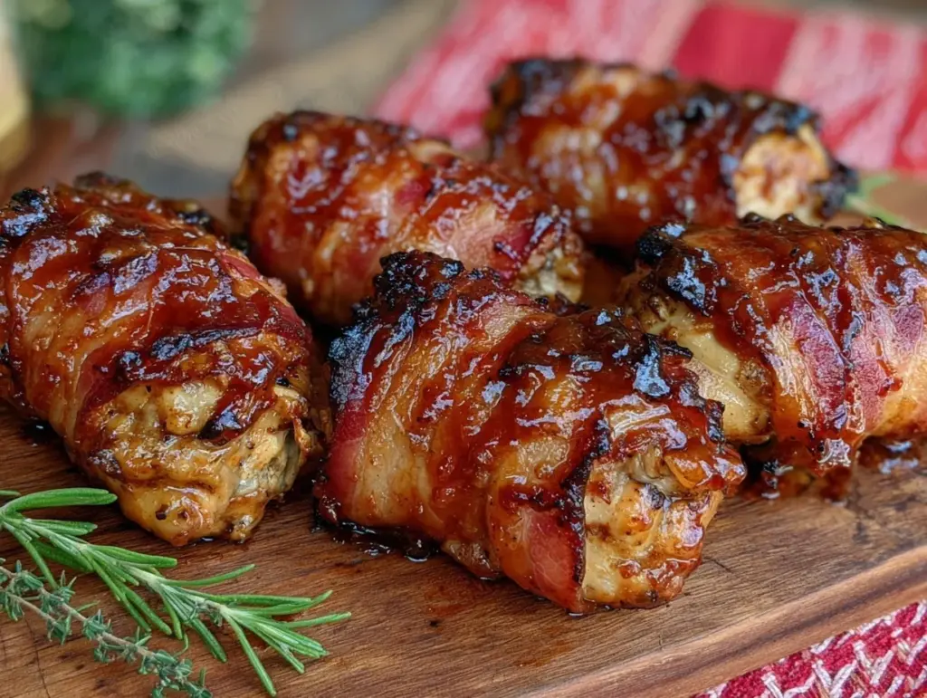 crispy bbq bacon-wrapped chicken drumsticks - featured image