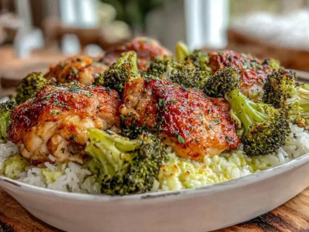 crispy meal prep sheet pan chicken and broccoli rice bowls - featured image