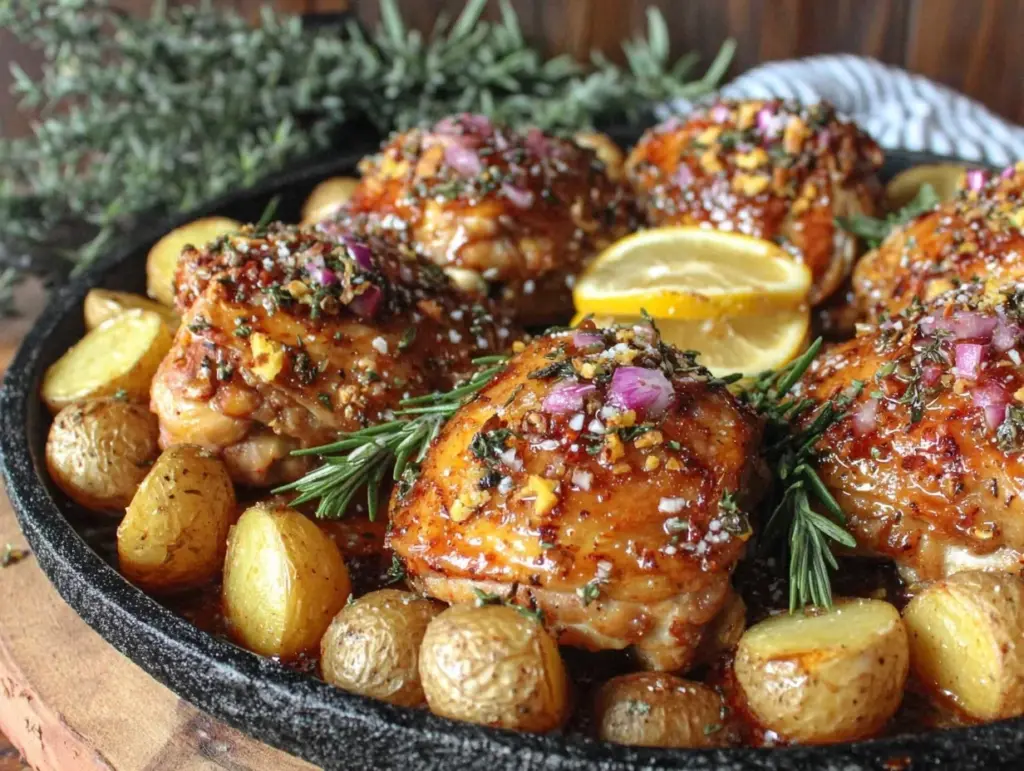 crispy one-pan garlic herb chicken and potatoes - featured image