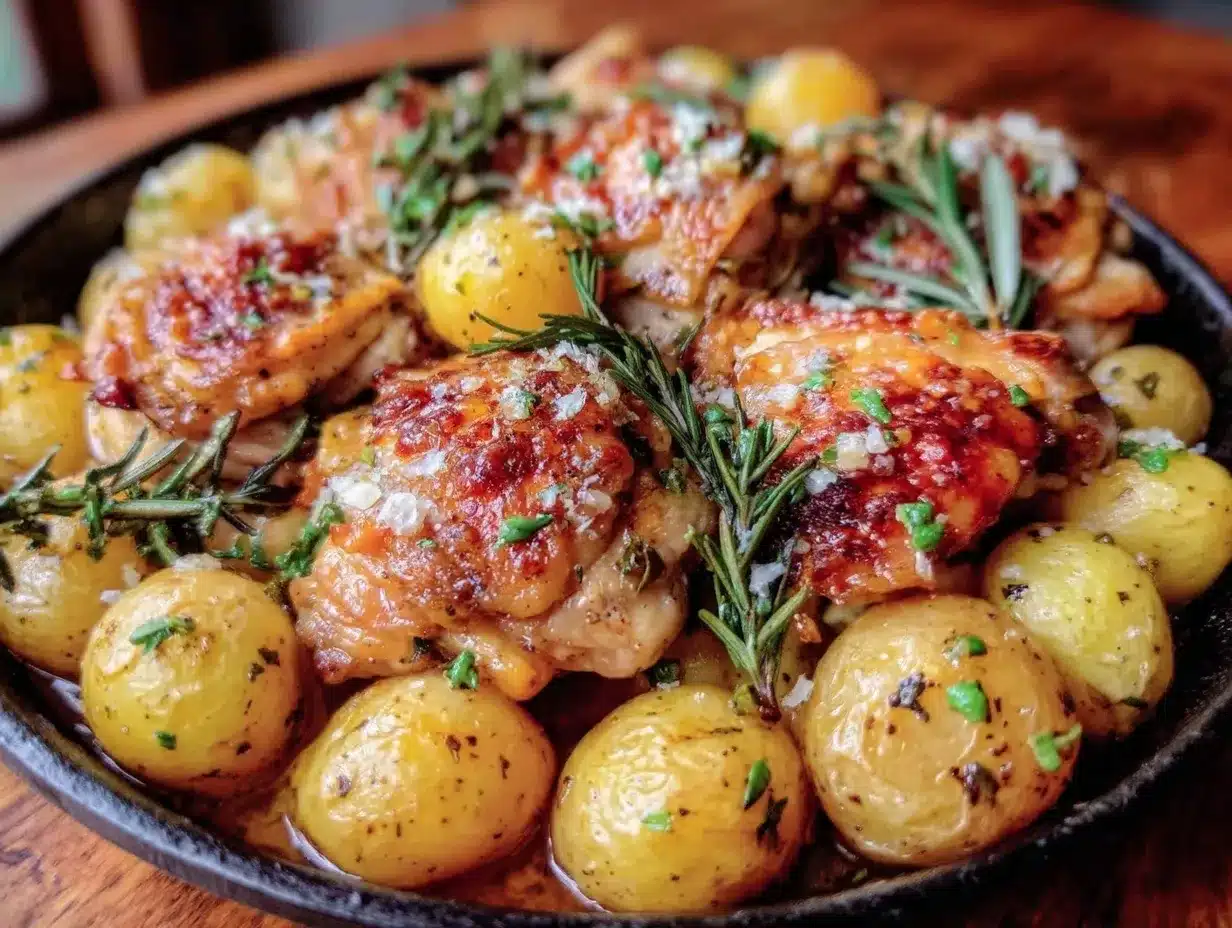 crispy one-pan garlic herb chicken and potatoes preparation steps