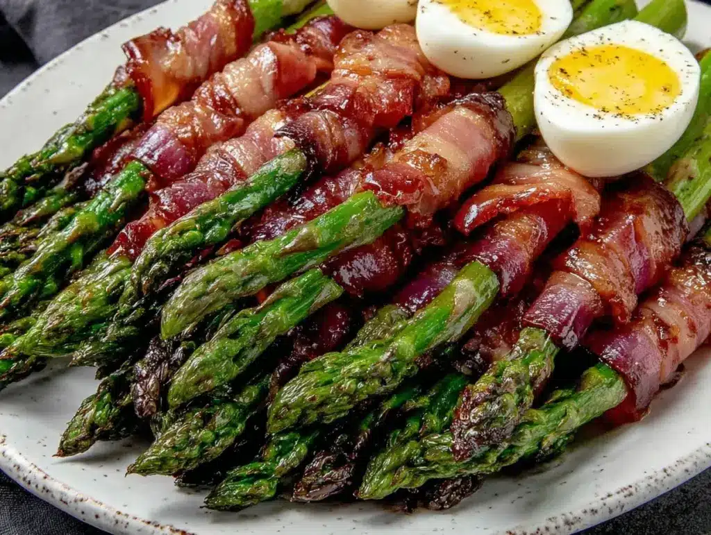 crispy roasted asparagus with prosciutto and soft boiled egg - featured image