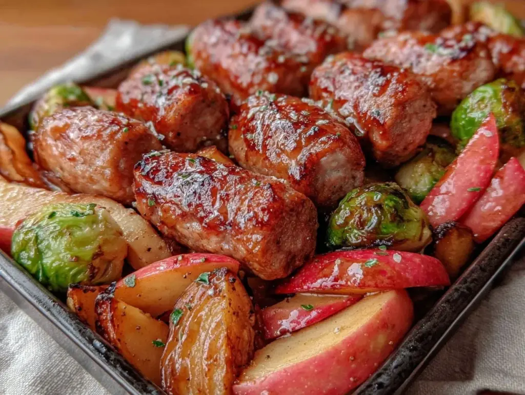 crispy sheet pan sausage apple brussels sprouts bake - featured image